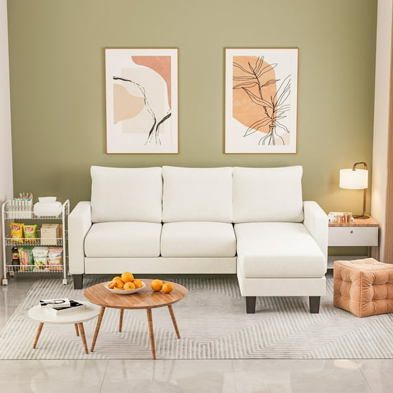 Furmax 70" Convertible Sectional Sofa Couch 3-Seat L-Shaped Small Sofa Couch with Reversible Chaise for Small Living Room, Apartment and Small Space, Linen White