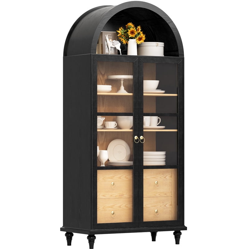 SinCiDo Arched Kitchen Pantry Storage Cabinet 71 Inch Tall Wood Adjustable Shelves 2 Doors 2 Drawers