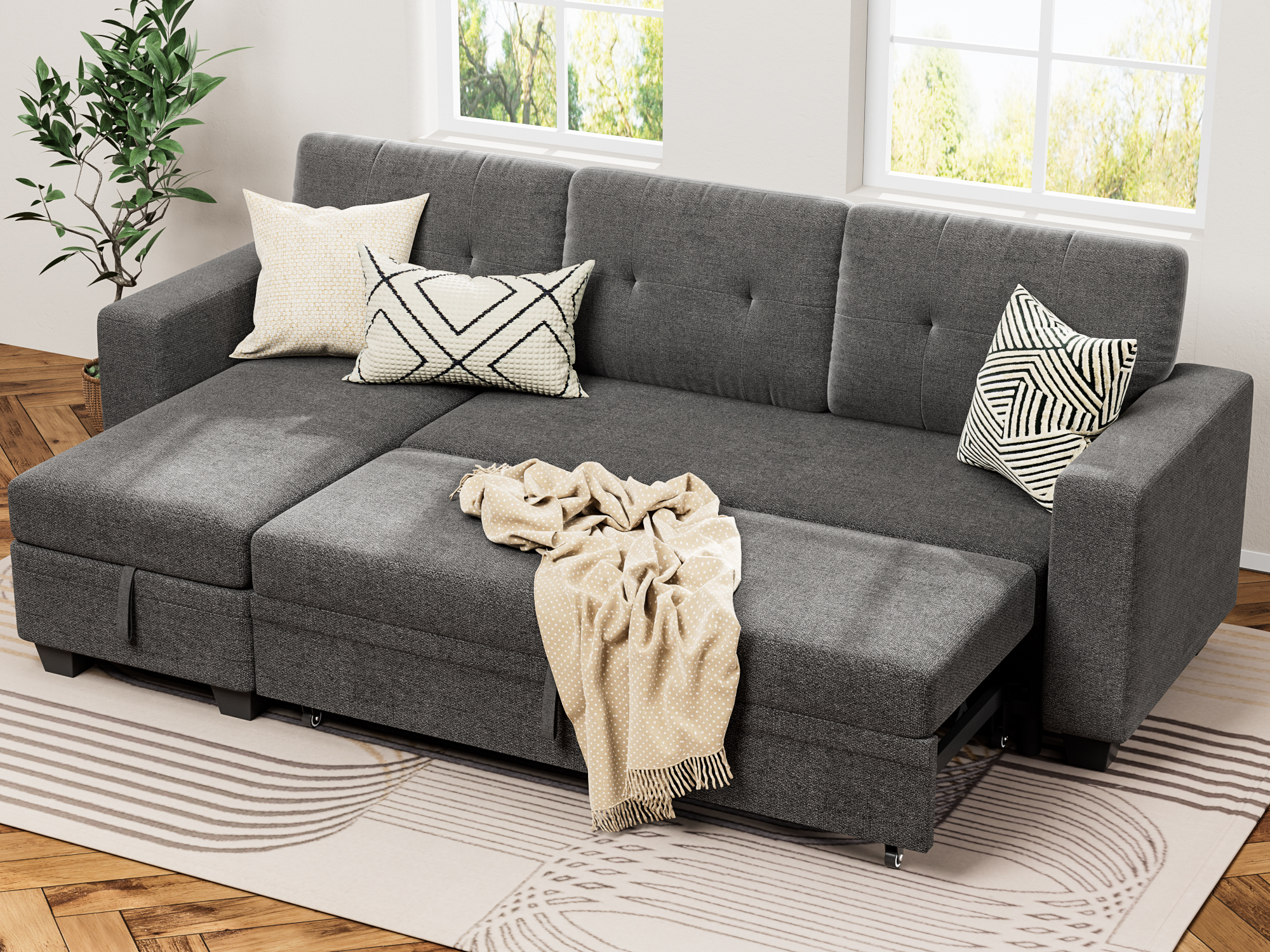 Furmax 78.3'' W Convertible L-Shape Sofa with Storage Chaise and Pull-out Sofa Bed, Fabric Sectional Couch , Gray - image 1 of 10