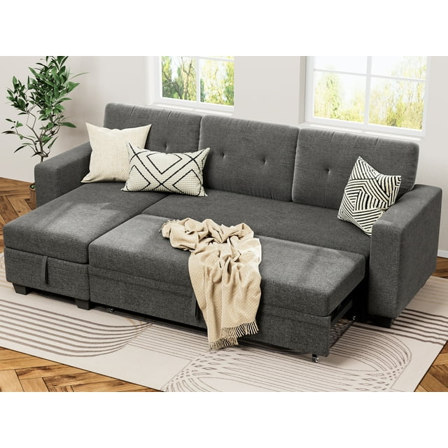 Furmax 78.3'' W Convertible L-Shape Sofa with Storage Chaise and Pull-out Sofa Bed, Fabric Sectional Couch , Gray
