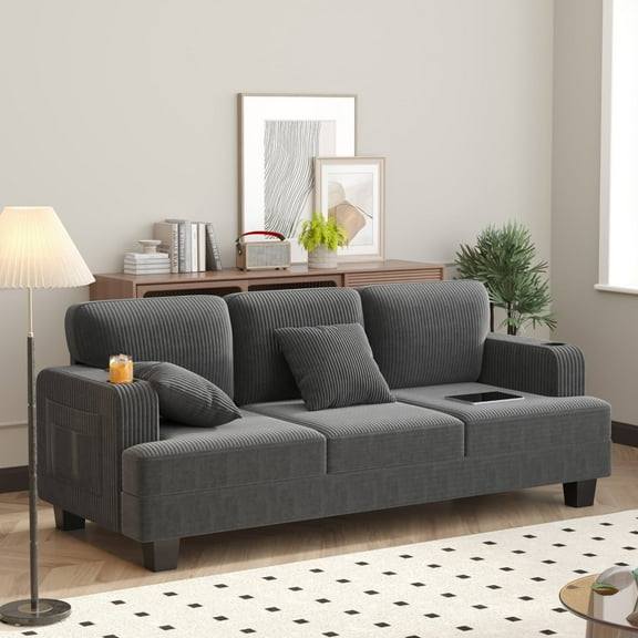 Furmax 84''W 3 Seat Sofa Couch Wide Armrest Modern Fabric Sofa with USB Charging Ports Corduroy Couch for Living Room,Gray