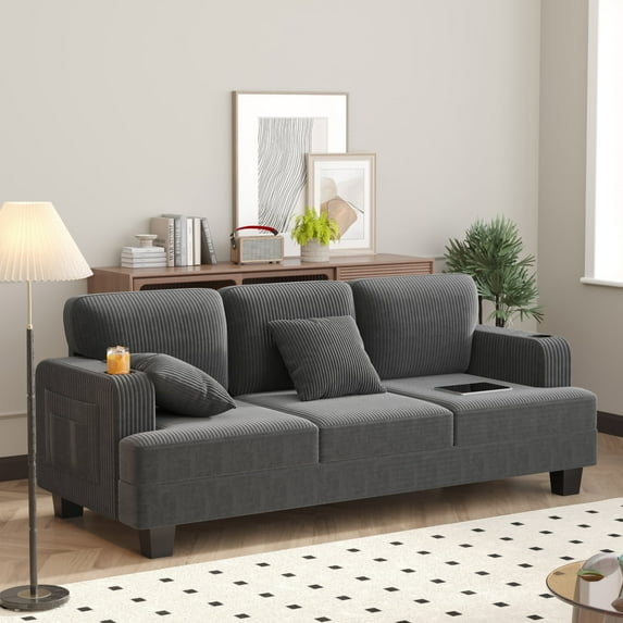 Furmax 84''W 3 Seat Sofa Couch Wide Armrest Modern Fabric Sofa with USB Charging Ports Corduroy Couch for Living Room,Gray