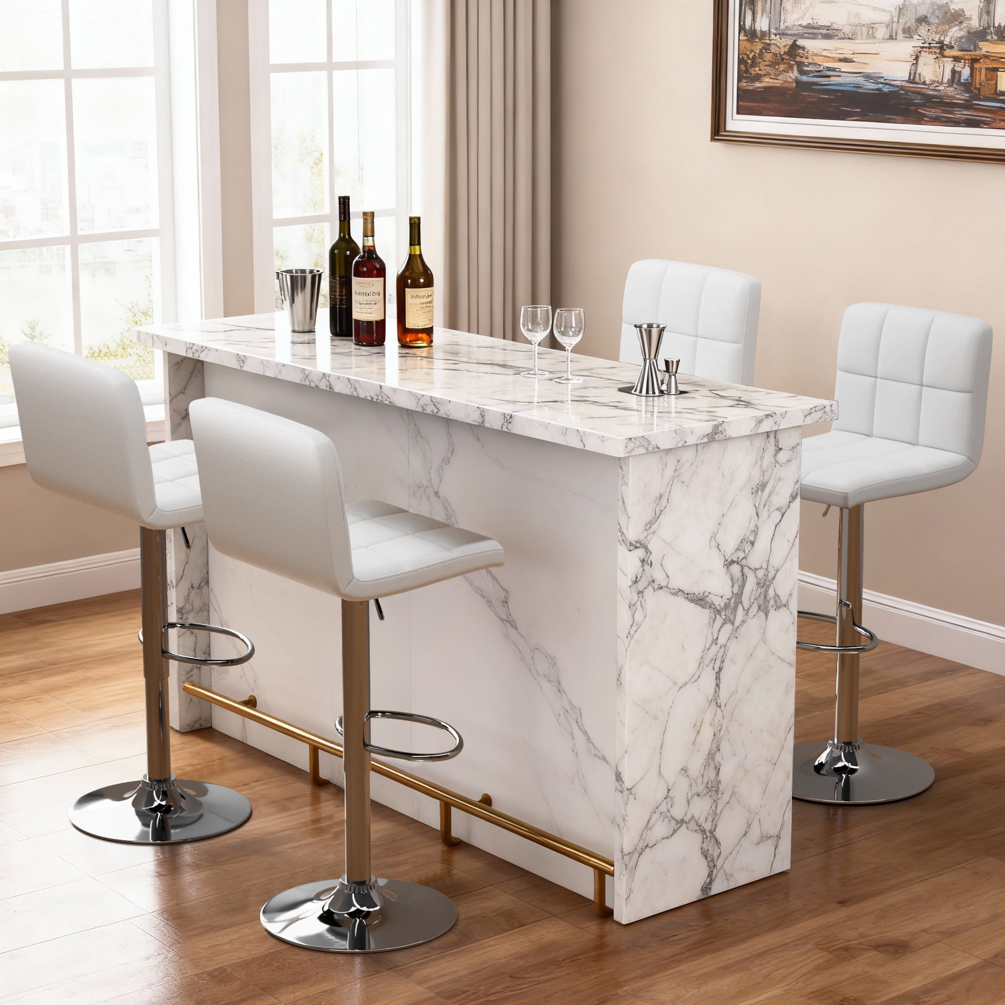 Furmax Adjustable Armless Swivel Mid-Back Bar Stools, White (Set of 4)