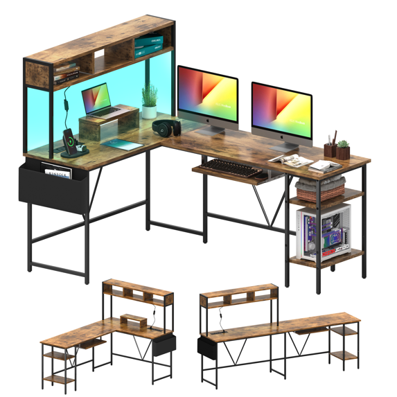 Furmax Adult Collection Modern LED Lights and Storage Rack L Shape Desk, Brown