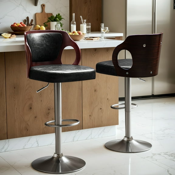 Furmax Bar stools Set of 2 Modern Double Material PU Leather Armless Chairs with Footrest Adjustable Barstool with Back for Kitchen Living Room Pub,Black