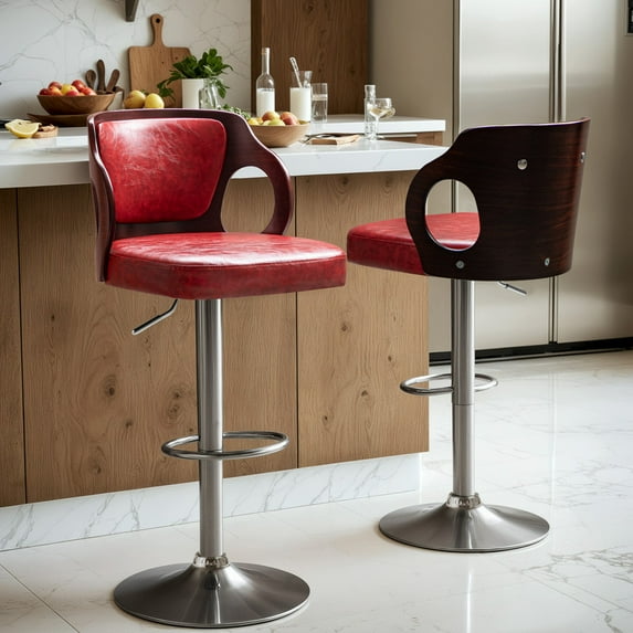 Furmax Bar stools Set of 2 Modern Double Material PU Leather Armless Chairs with Footrest Adjustable Barstool with Back for Kitchen Living Room Pub,Red