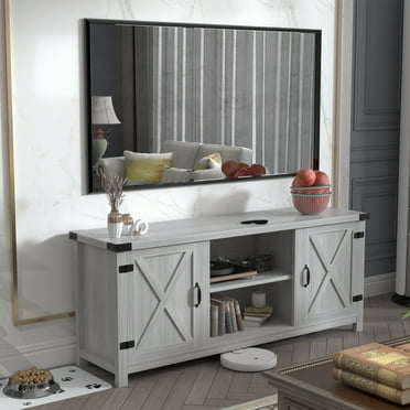 Furmax Barn Door TV Stand Media Console Center Industrial Style for TVs up to 65", Grey Wash