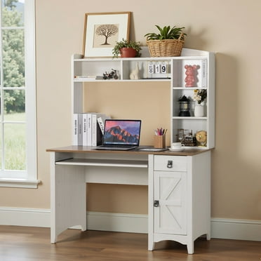 Furmax Computer Desk with Hutch, Bookshelf, Storage, Drawer for Small Spaces, Home Office Writing Table, Student Study Laptop Workstation, Wood Desk Bookcase Combination，White