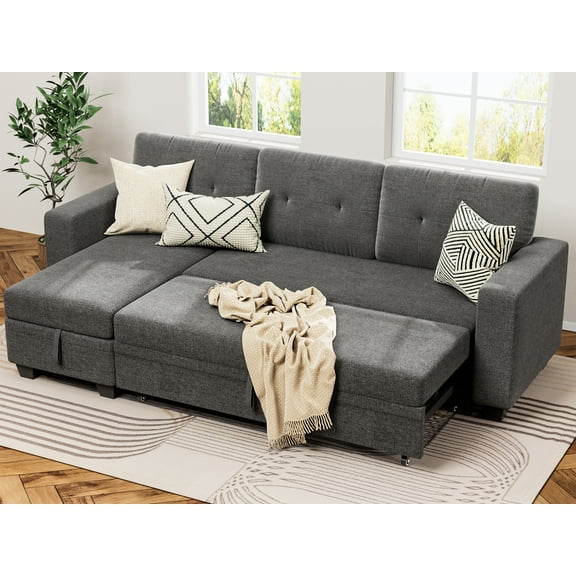 Furmax Convertible L Shaped Sectional Sofa with Storage Chaise and Pullout Sofa Bed, Gray