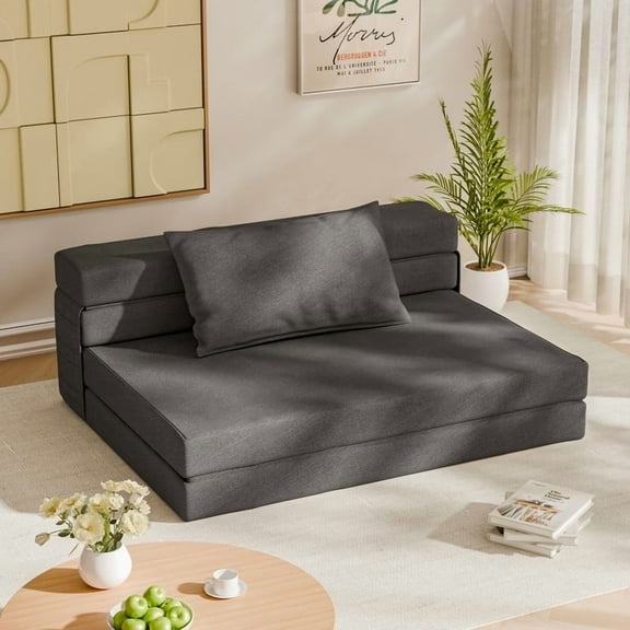 Furmax Convertible Sponge Sofa Bed - Easy-Fold Futon Sleeper Couch with Durable Fabric & Soft Cushion, Ideal for Overnight Guests, Upstairs Loft Relaxation & Compact Apartment Living, Gray