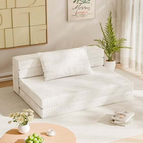 Furmax Convertible Sponge Sofa Bed - Easy-Fold Futon Sleeper Couch with Durable Fabric & Soft Cushion, Ideal for Overnight Guests, Upstairs Loft Relaxation & Compact Apartment Living, White