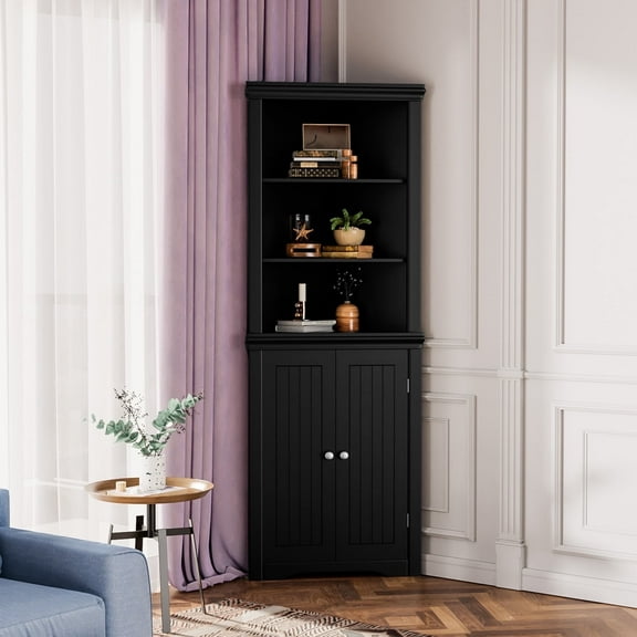 Furmax Corner Bookcase with Storage, Corner Bookshelf Stand Storage Rack for Living Room, Home Office, Kitchen, Small Space,Black