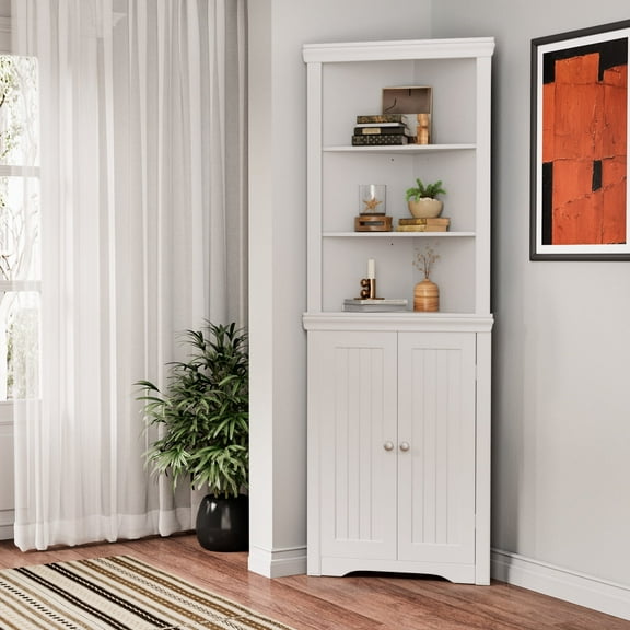 Furmax 62'' Tall Corner Storage Cabinet, Corner Shelf Stand Storage Rack for Living Room, Home Office, Kitchen, Small Space, White