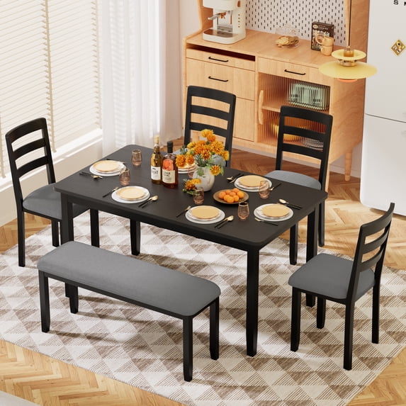 Furmax 6-Piece Solid Wood Dining Table Set with 4 Chairs & 1 Bench, 58" Table for 4-6 People, Perfect for Family Kitchen/Dining Room/Restaurant with Linen Fabric For Softness, Black and Grey