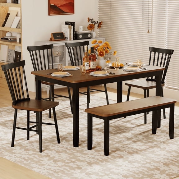 Furmax 6-Piece Solid Wood Dining Table Set with 4 Chairs & 1 Bench, 58" Durable Table for 4-6 People, Perfect for Family Kitchen/Dining Room/Restaurant with Round Corners, Brown And Black