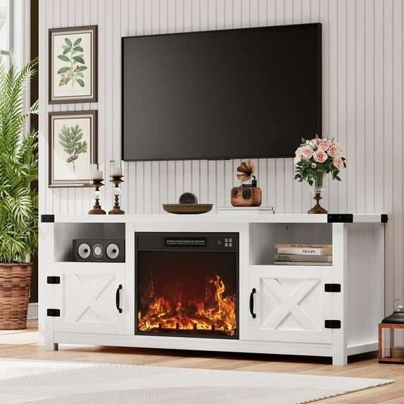 Furmax Electric Fireplace TV Stand for 65 inch TV with Remote Control,Entertainment Center with 2 Cabinets & Adjustable Shelves,Media Console for Living Room, Bedroom, White