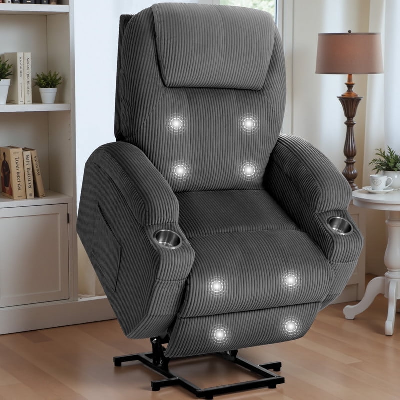 Furmax Electric Power Lift Recliner Soft Corduroy Chair Sofa with with 8 Vibrating Massages Ergonomic Lounge Chair with 2 Cup Holders and Side Pocket,Gray