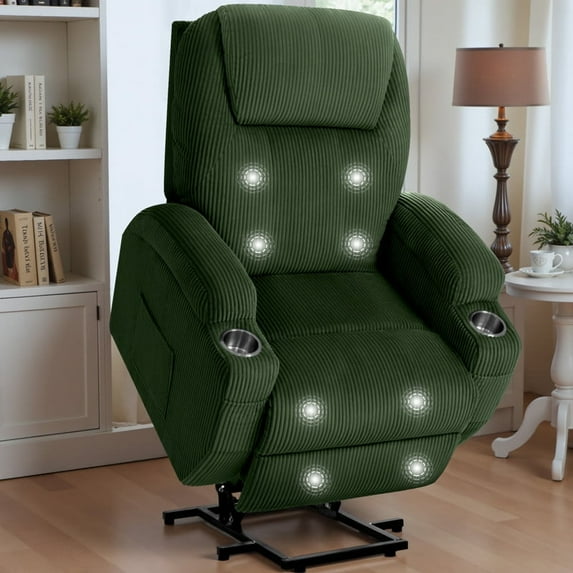 Furmax Electric Power Lift Recliner Soft Corduroy Chair Sofa with with 8 Vibrating Massages Ergonomic Lounge Chair with 2 Cup Holders and Side Pocket,Green