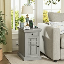 Furmax End Table,Nightstand with Charging Station,Side Table with Drawer & USB Ports & Power Outlets,Grey