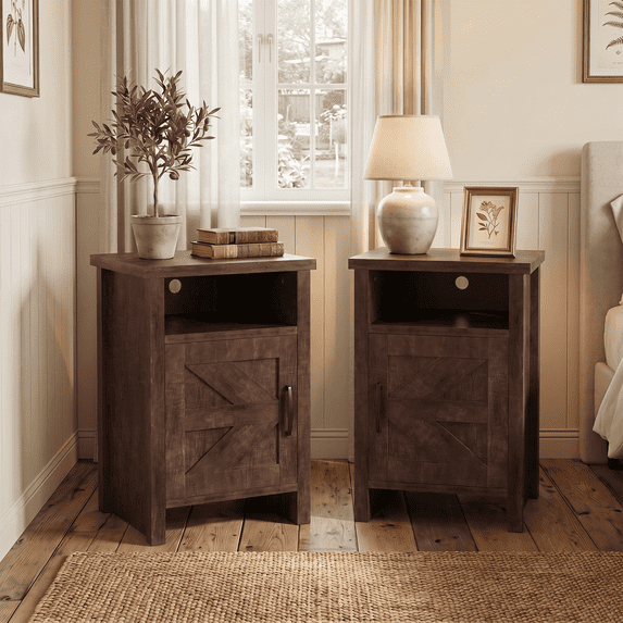 Furmax Farmhouse End Table, Nightstand Set of 2 with Barn Door and Shelf, Side Table for Living Room Bedroom, Dark Brown
