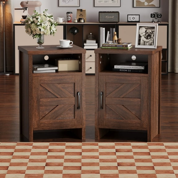 Furmax Farmhouse End Table, Nightstand Set of 2 with Barn Door and Shelf, Side Table for Living Room Bedroom, Dark Brown