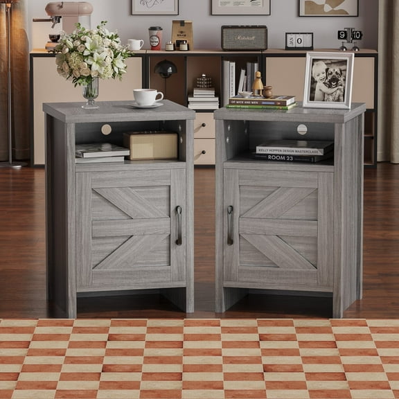 Furmax Farmhouse End Table, Nightstand Set of 2 with Barn Door and Shelf, Side Table for Living Room Bedroom, Gray