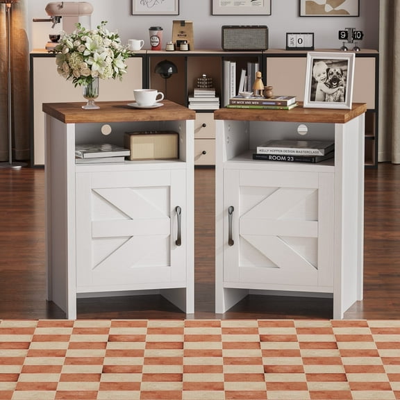 Furmax Farmhouse End Table, Nightstand Set of 2 with Barn Door and Shelf, Side Table for Living Room Bedroom, White