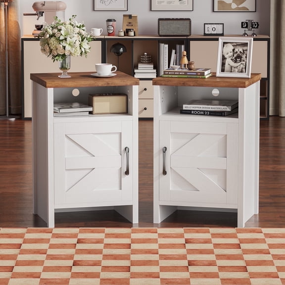 Furmax Farmhouse End Table, Nightstand Set of 2 with Barn Door and Shelf, Side Table for Living Room Bedroom, White