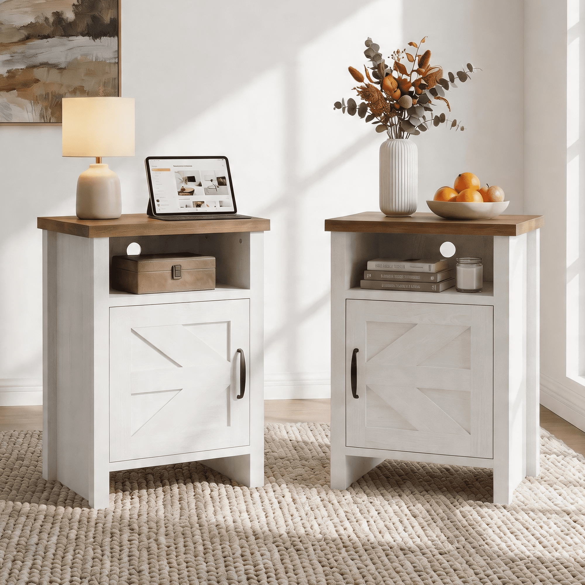 Furmax Farmhouse End Table, Nightstand Set of 2 with Barn Door and Shelf, Side Table for Living Room Bedroom, White
