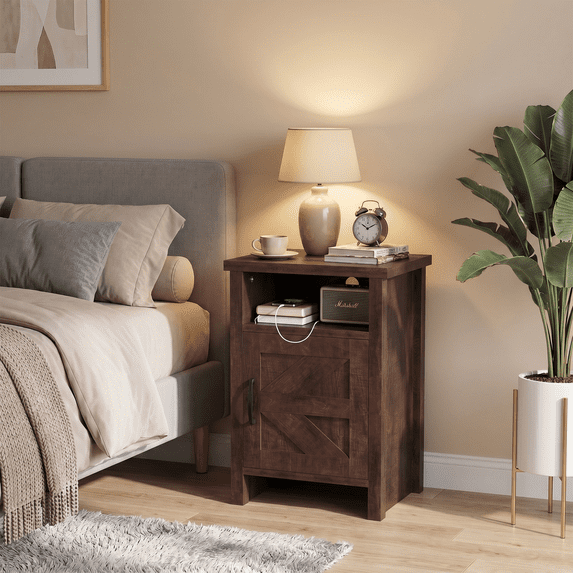 Furmax Farmhouse End Table, Nightstand with Barn Door and Shelf, Side Table for Living Room Bedroom, Dark Brown