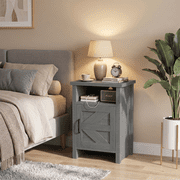 Furmax Farmhouse End Table, Nightstand with Barn Door and Shelf, Side Table for Living Room Bedroom, Gray