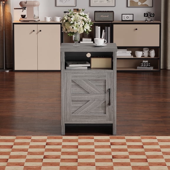 Furmax Farmhouse End Table, Nightstand with Barn Door and Shelf, Side Table for Living Room Bedroom, Gray