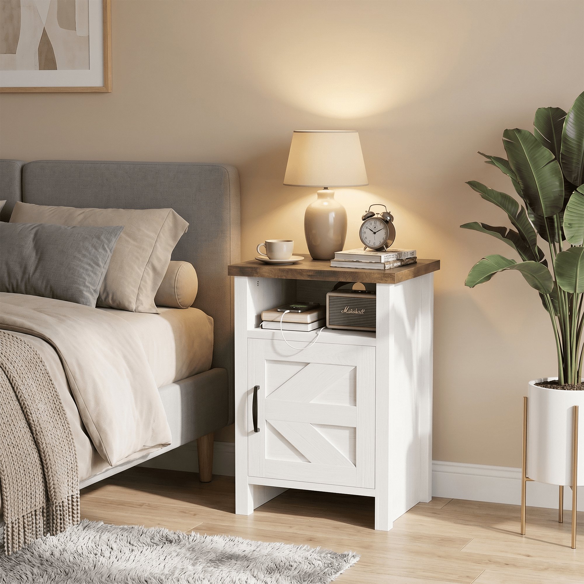 Furmax Farmhouse End Table, Nightstand with Barn Door and Shelf, Side Table for Living Room Bedroom, White
