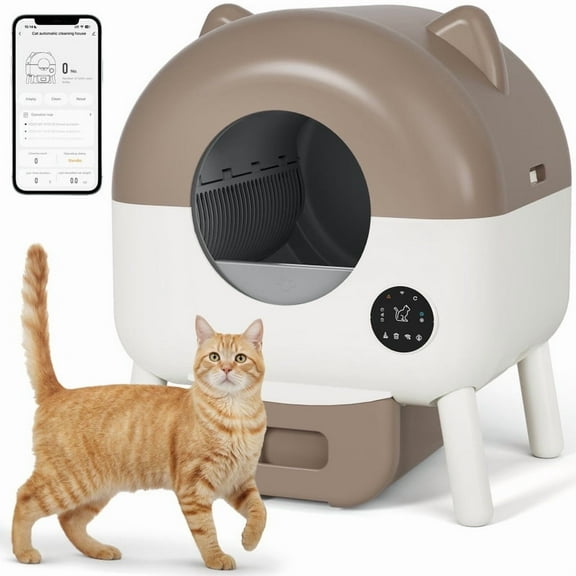 Furmax Fully Enclosed Automatic Cat Litter Box, 76L Large Capacity for Big Cats, Cat Ear Design with Garbage Bags, Aroma Box & Brush (brown)