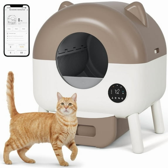 Furmax Fully Enclosed Automatic Cat Litter Box, 76L Large Capacity for Big Cats, Cat Ear Design with Garbage Bags, Aroma Box & Brush (brown)