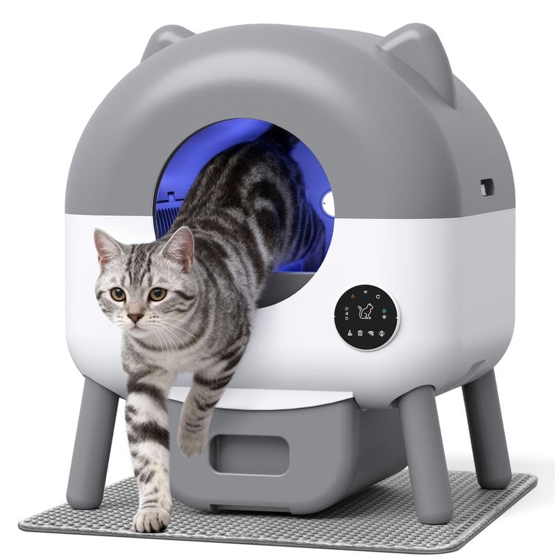 Furmax Fully Enclosed Automatic Cat Litter Box, 76L Large Capacity for Big Cats, Cat Ear Design with Garbage Bags, Aroma Box & Brush (gray)