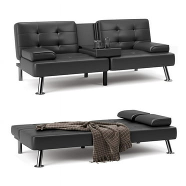Furmax Futon Sofa Bed Convertible Folding Faux Leather Couch with 2 Cup Holders,Black