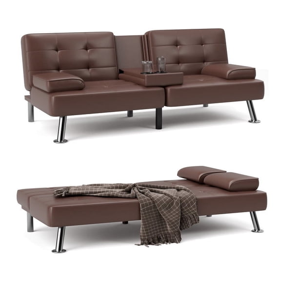 Furmax Futon Sofa Bed Convertible Folding Faux Leather Couch with 2 Cup Holders,Brown