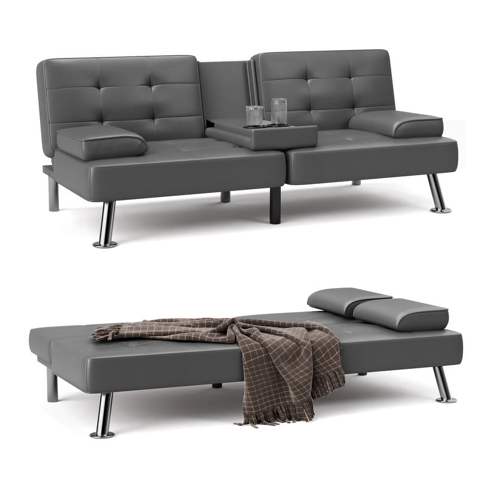 Furmax 3-in-1 Futon Sofa Bed Convertible Couch – Faux Leather Recliner with Cup Holders for Living Room, Apartment & Small Space, Gray