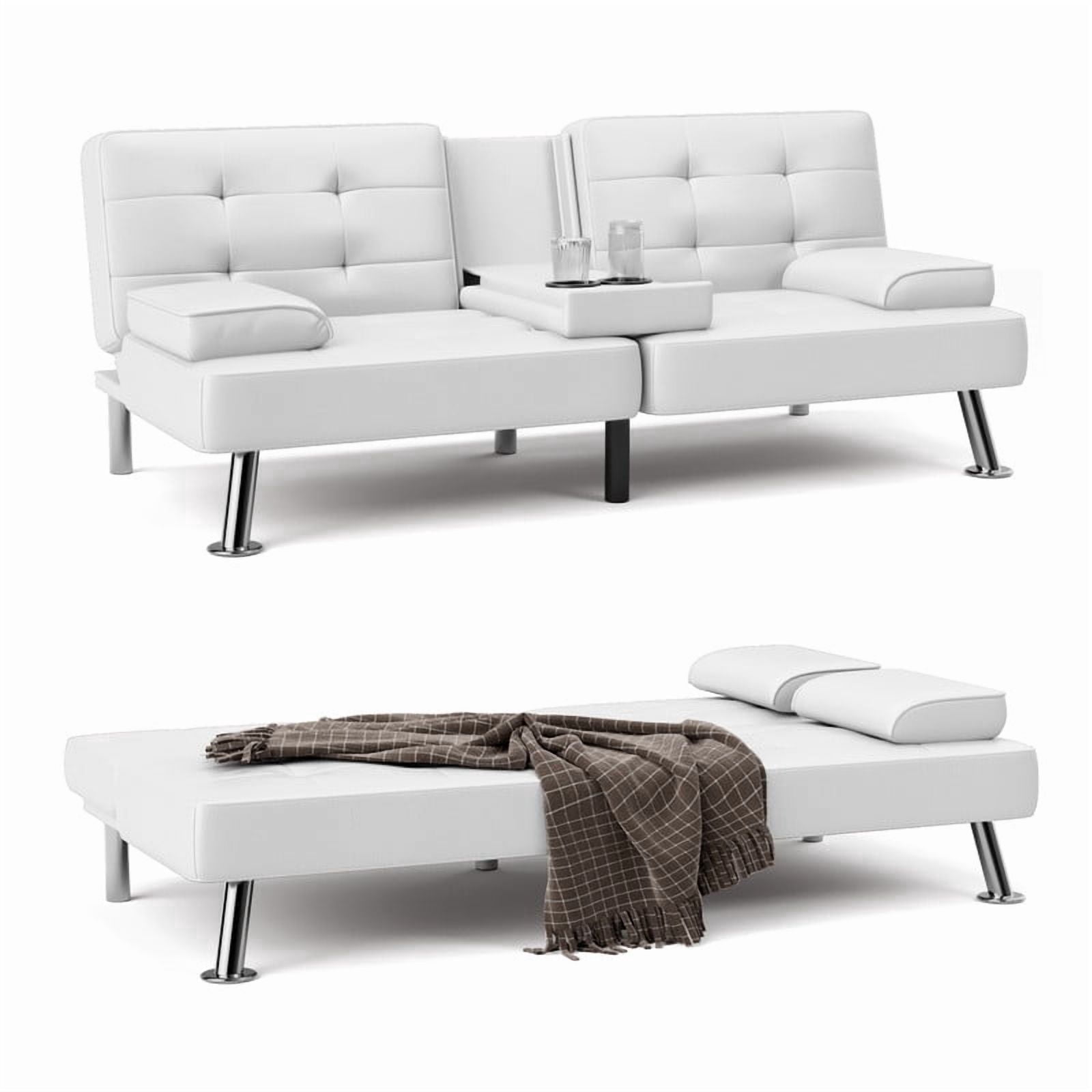 Furmax 3-in-1 Futon Sofa Bed Convertible Couch – Faux Leather Recliner with Cup Holders for Living Room, Apartment & Small Space, White