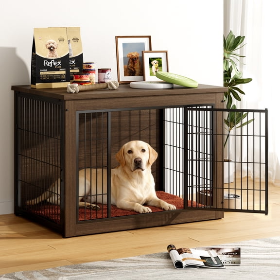 Furmax Heavy-Duty Wooden Dog Crate 2-Door Furniture Style Kennel with Chew-Proof Design & Removable Cushion, End Table for Small, Medium, Large Dogs