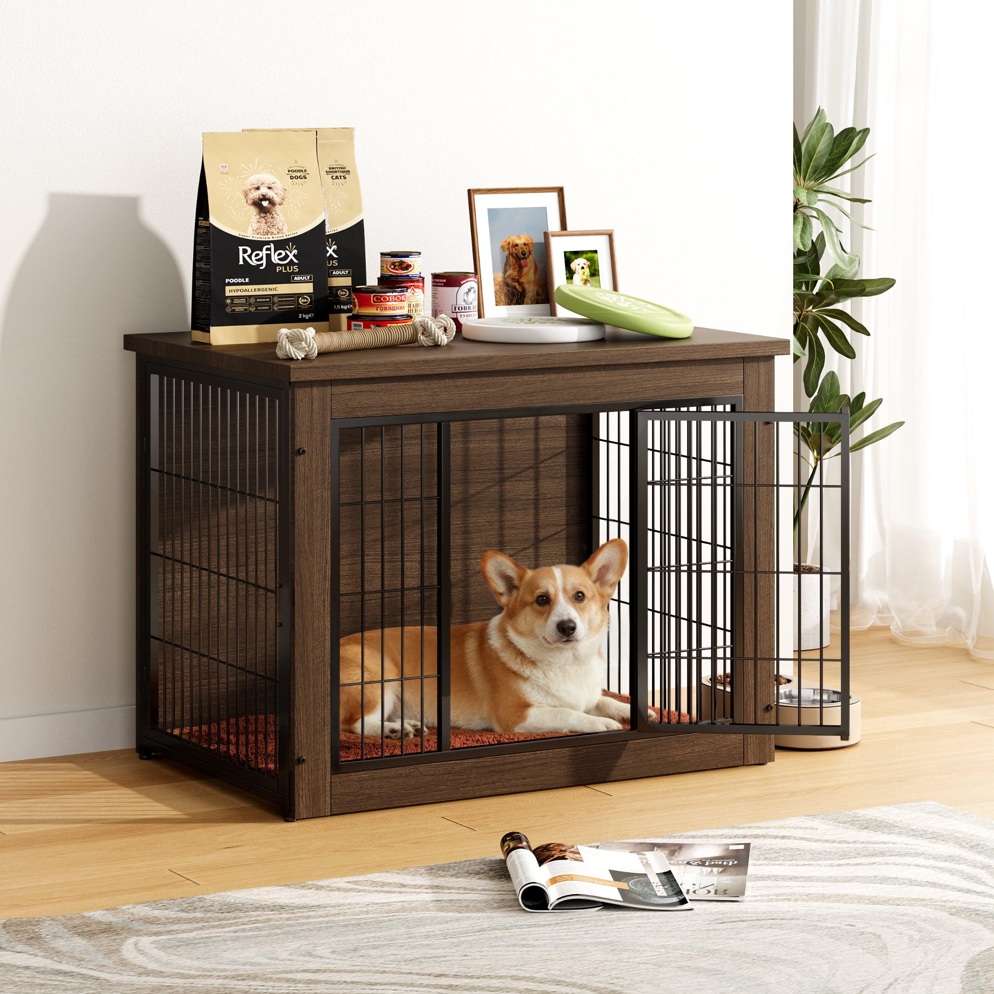 Furmax Heavy-Duty Wooden Dog Crate 2-Door Furniture Style Kennel with Chew-Proof Design & Removable Cushion, End Table for Small, Medium, Large Dogs
