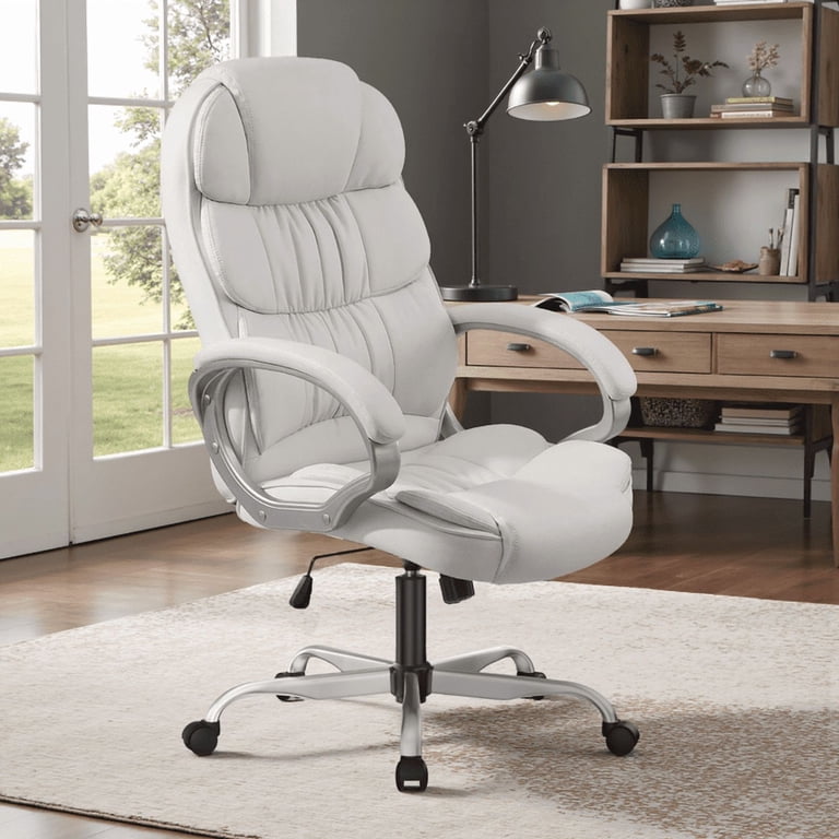 White Ribbed Desk White Leather Executive Chair Ribbed Office High Back PU Leather Desk ...