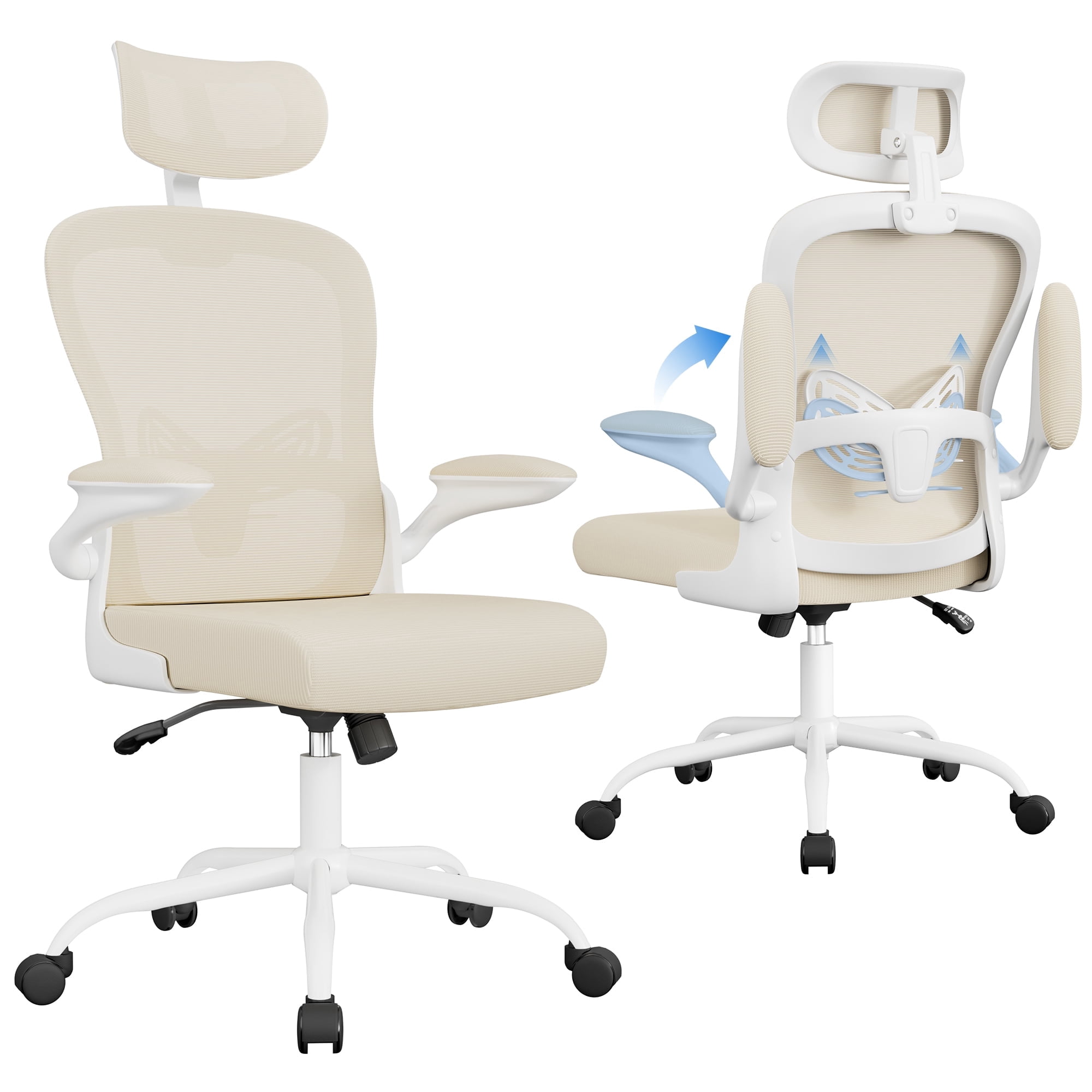 Furmax High Back Office Chair Ergonomic Mesh Desk Chair with Adjustable Lumber Support, Headrest and Flip up Armrest, Beige