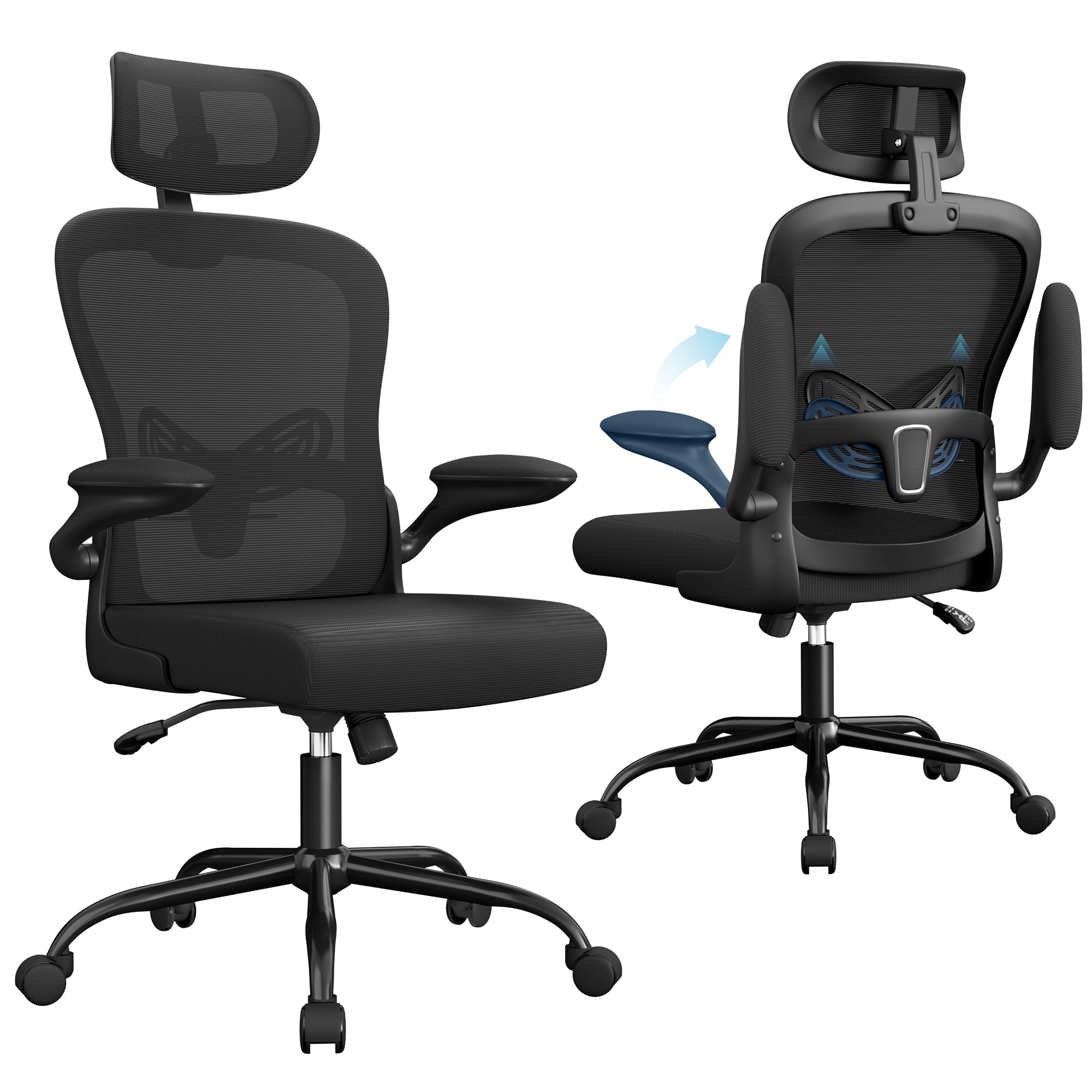 Furmax High Back Office Chair Ergonomic Mesh Desk Chair with Adjustable Lumber Support, Headrest and Flip up Armrest, Black