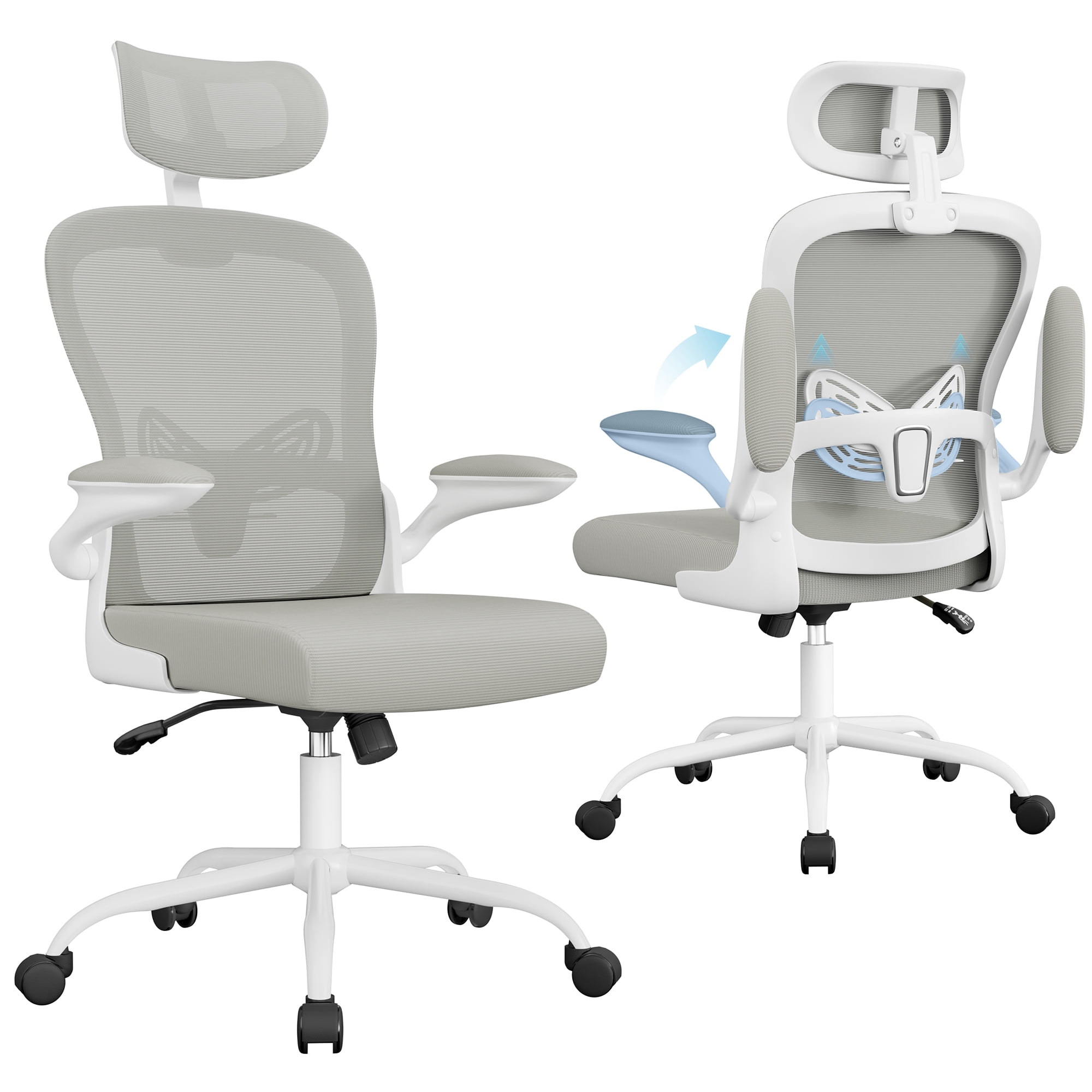 Furmax High Back Office Chair Ergonomic Mesh Desk Chair with Adjustable Lumber Support, Headrest and Flip up Armrest, Gray