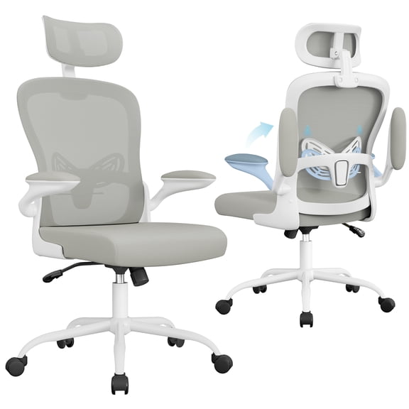 Furmax High Back Office Chair Ergonomic Mesh Desk Chair with Adjustable Lumber Support, Headrest and Flip up Armrest, Gray