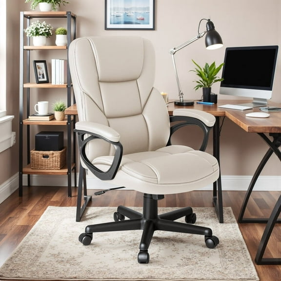 Furmax High-back Executive Office Chair with Lumbar Support Height Adjustable Swivel PU Leather Chair, Beige