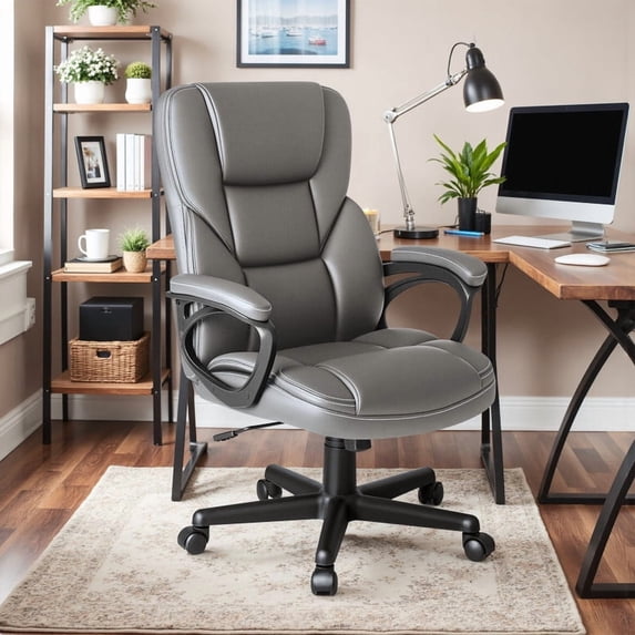 Furmax High-back Executive Office Chair with Lumbar Support Height Adjustable Swivel PU Leather Chair, Gray