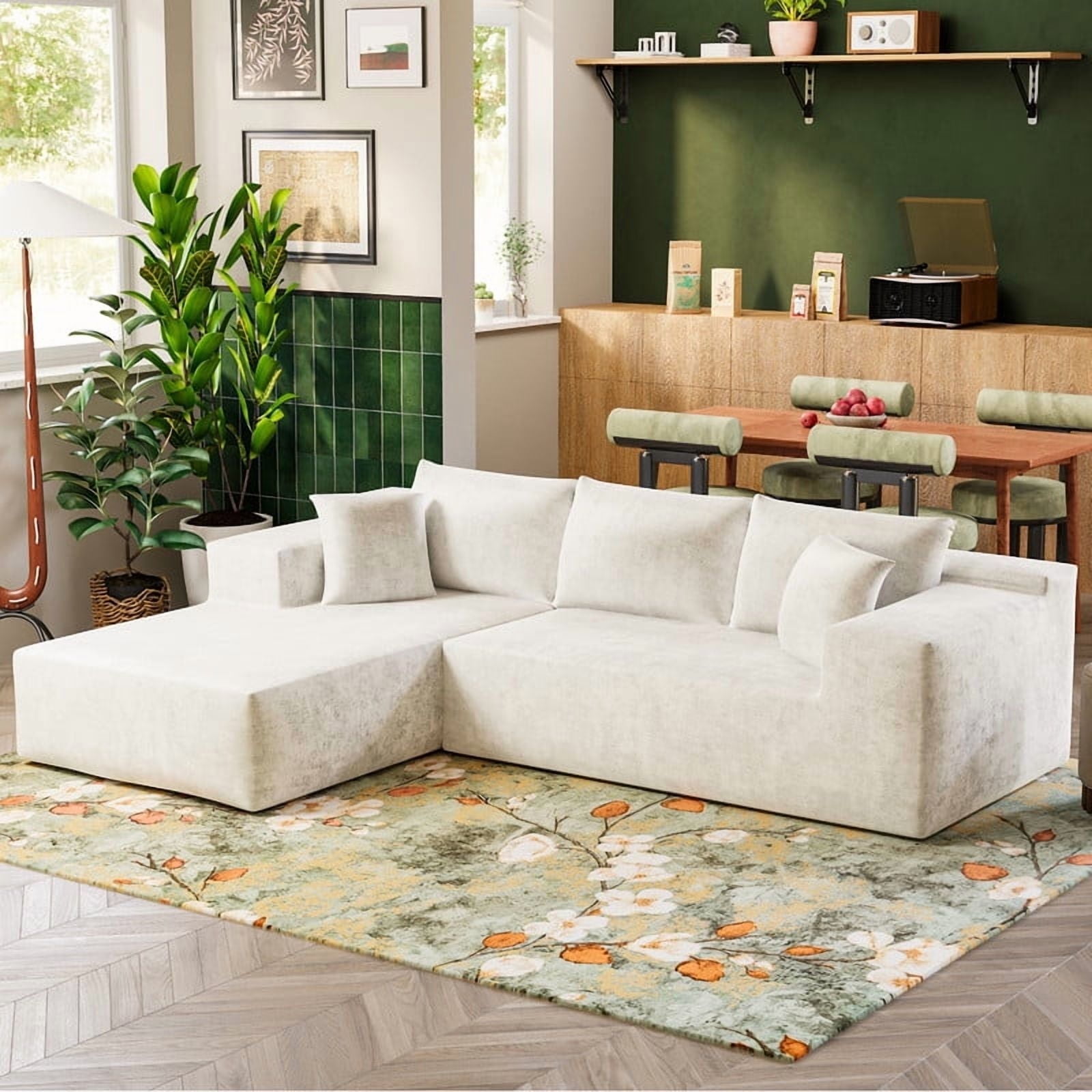 Furmax 108"  L-Shape Boneless Chaise Sectional Sofa Cloud Couch Sectional Corduroy Couch Set with Deep Seat for Living Room,Chenille White